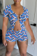 Blue Casual Print Hollowed Out U Neck Short Sleeve Two Pieces