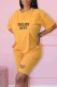 Yellow Casual Print Letter O Neck Short Sleeve Two Pieces