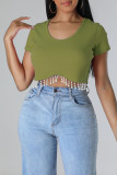 Green Casual Solid Tassel Patchwork Pearl O Neck T-Shirts