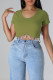 Green Casual Solid Tassel Patchwork Pearl O Neck T-Shirts