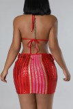 Red Sexy Patchwork Bandage Sequins Backless Halter Sleeveless Dress Dresses