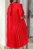 Red Casual Solid Frenulum Fold Half A Turtleneck Pleated Short Sleeve Dress