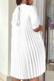 White Casual Solid Frenulum Fold Half A Turtleneck Pleated Short Sleeve Dress