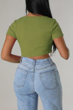 Green Casual Solid Tassel Patchwork Pearl O Neck T-Shirts