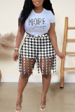 Black White Casual Print Tassel Patchwork Short Sleeve Two Pieces