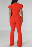 Red Sexy Solid Patchwork U Neck Loose Jumpsuits