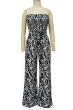 Blue Sexy Print Patchwork Fold Strapless Straight Jumpsuits