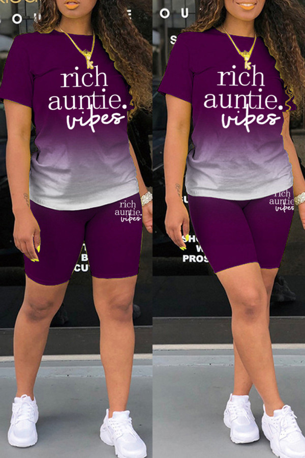 Purple Casual Gradual Change Letter Print Basic O Neck Short Sleeve Two Pieces