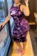 Purple Street Camouflage Print Letter O Neck One Step Skirt Dresses