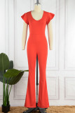 Red Sexy Solid Patchwork U Neck Loose Jumpsuits