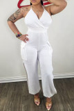 White Sexy Casual Solid Backless Halter Regular Jumpsuits