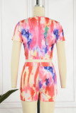 Pink Casual Print Basic O Neck Short Sleeve Two Pieces
