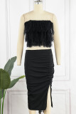 Pink Sexy Solid Patchwork Feathers Slit Strapless Sleeveless Two Pieces