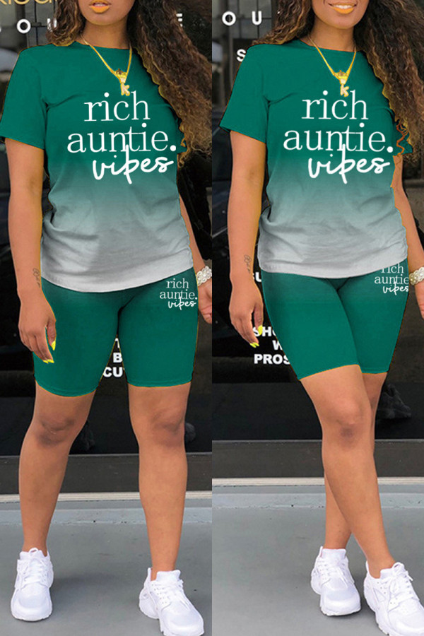 Green Casual Gradual Change Letter Print Basic O Neck Short Sleeve Two Pieces