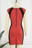 Red Casual Print Patchwork Contrast O Neck Sleeveless Dress Dresses