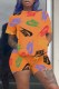 Orange Casual Print Letter O Neck Short Sleeve Two Pieces