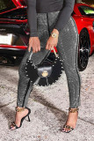 Black Silver Sexy Solid Hot Drill Regular High Waist Solid Color Bottoms