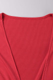 Burgundy Casual Solid Bandage Patchwork V Neck Plus Size Tops