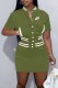 Green Street Print Letter Mandarin Collar Short Sleeve Two Pieces