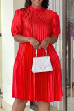 Red Casual Solid Frenulum Fold Half A Turtleneck Pleated Short Sleeve Dress