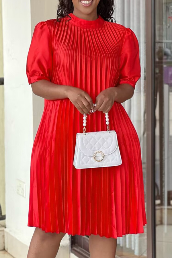 Red Casual Solid Frenulum Fold Half A Turtleneck Pleated Short Sleeve Dress