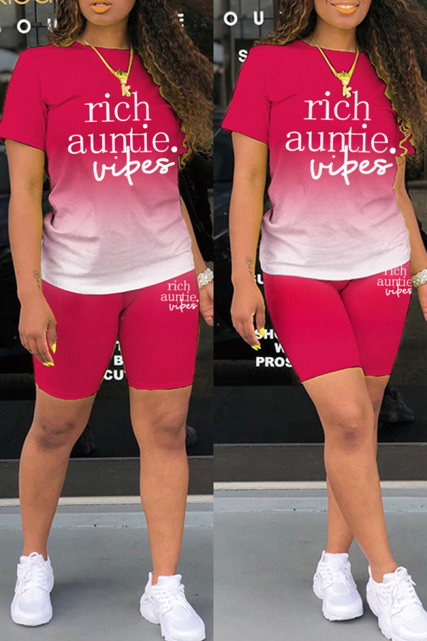 Rose Red Casual Gradual Change Letter Print Basic O Neck Short Sleeve Two Pieces