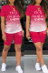 Rose Red Casual Gradual Change Letter Print Basic O Neck Short Sleeve Two Pieces