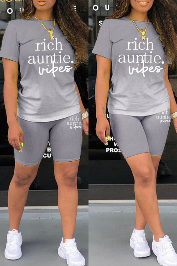 Grey Casual Gradual Change Letter Print Basic O Neck Short Sleeve Two Pieces
