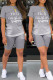 Grey Casual Gradual Change Letter Print Basic O Neck Short Sleeve Two Pieces
