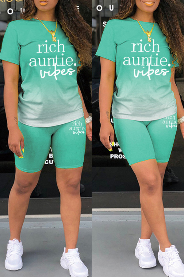 Light Green Casual Gradual Change Letter Print Basic O Neck Short Sleeve Two Pieces
