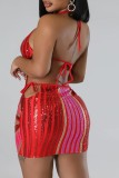 Red Sexy Patchwork Bandage Sequins Backless Halter Sleeveless Dress Dresses