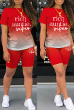 Red Casual Gradual Change Letter Print Basic O Neck Short Sleeve Two Pieces