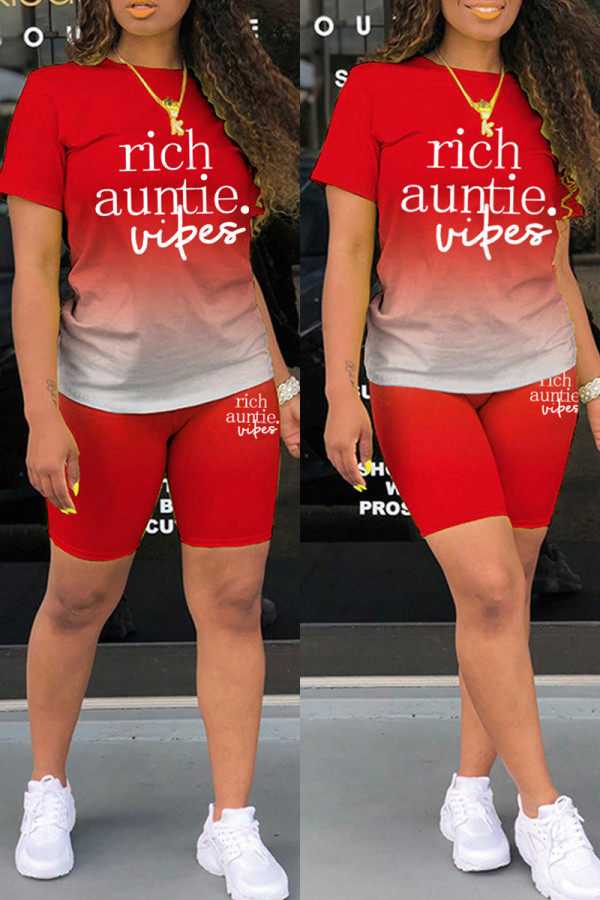 Red Casual Gradual Change Letter Print Basic O Neck Short Sleeve Two Pieces