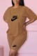 Khaki Casual Print Letter O Neck Short Sleeve Two Pieces