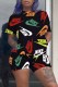 Black Casual Print Letter O Neck Short Sleeve Two Pieces