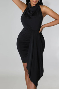 Black Sexy Solid Patchwork Backless Asymmetrical Halter Irregular Dress Dresses