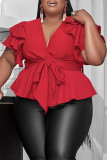 Burgundy Casual Solid Bandage Patchwork V Neck Plus Size Tops