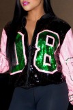 Red Casual Patchwork Sequins Zipper Collar Outerwear