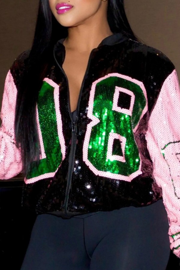Black Casual Patchwork Sequins Zipper Collar Outerwear