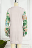 Grey Casual Print Patchwork Draw String O Neck Straight Dresses