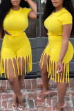 Yellow Casual Solid Tassel Patchwork O Neck Plus Size Two Pieces