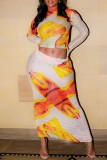 Colour Casual Print Basic O Neck Long Sleeve Two Pieces