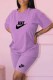 Purple Casual Print Letter O Neck Short Sleeve Two Pieces