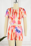 Pink Casual Print Basic O Neck Short Sleeve Two Pieces