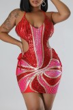 Red Sexy Patchwork Bandage Sequins Backless Halter Sleeveless Dress Dresses
