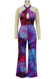 Baby Blue Sexy Print Patchwork Halter Straight Jumpsuits