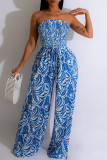Green Sexy Print Patchwork Fold Strapless Straight Jumpsuits