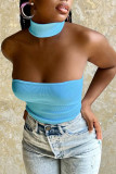 White Sexy Street Solid Patchwork Halter Tops