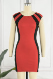 Red Casual Print Patchwork Contrast O Neck Sleeveless Dress Dresses