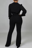 Rose Red Casual Solid Patchwork V Neck Long Sleeve Two Pieces